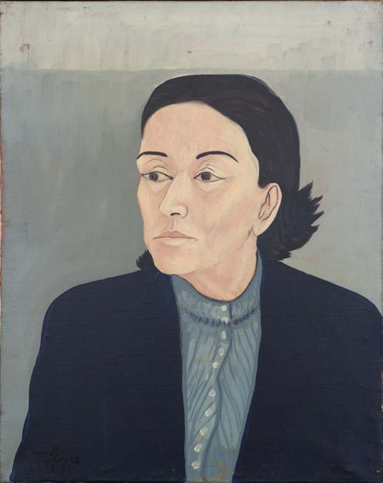 Portrait of the artist’s mother in a dark jacket against a green ground