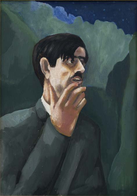 Portrait of Kamal Jumblatt, hand raised to his chin, against a dark landscape