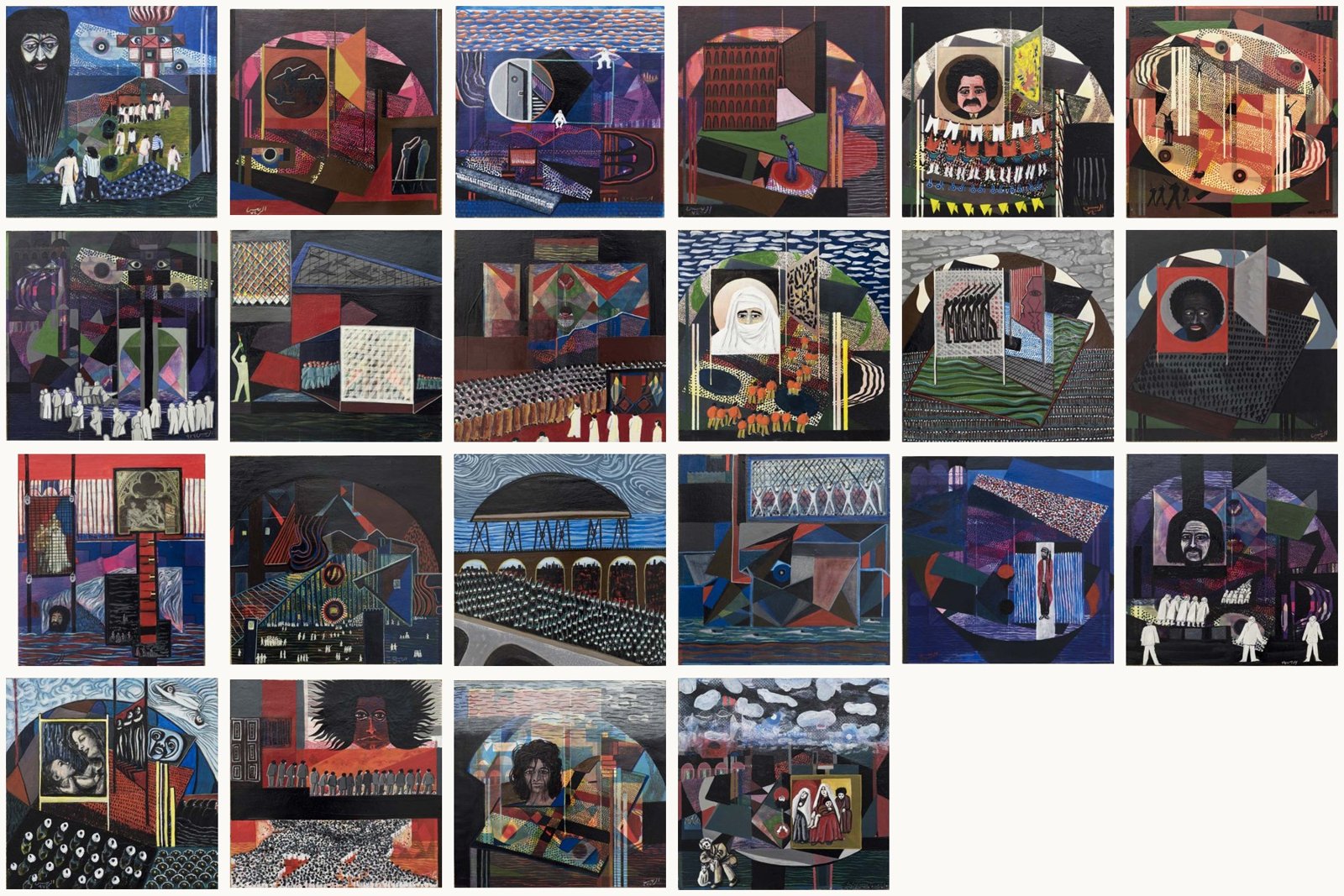 Grid of 22 small square enamel paintings from the series Temps Moderne et Tiers Monde